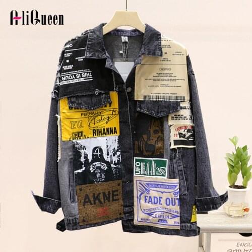 Harajuku Streetwear Black Appliques Denim Jacket Women Hip Hop Patchwork Female Jeans Coat 2020 Casual Loose Cowboy Outwear