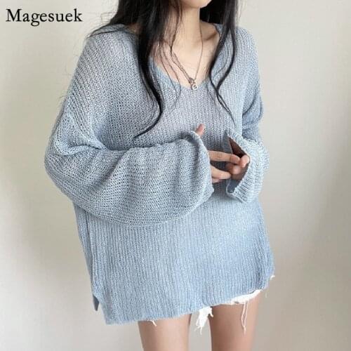 Autumn Chic White Knited Blouse Women Hollow Out Sunscreen Sweater Lady Tops V-neck Loose Long Sleeve Womens Shirts New 15734