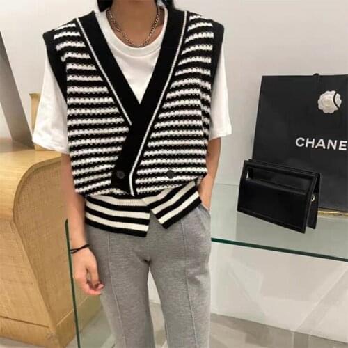 LY VAREY LIN New Autumn Winter Women Fashion Striped V-neck Buttons Knitting Vest Female Casual Sleeveless Irregular Sweater