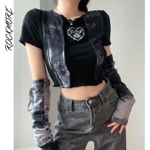 Rockmore Fairy Grunge Crop Top Women Short Sleeve Patchwork TShirt And Arm Gloves Female Streetwear Y2K Tie Dye Tee Goth Clothes