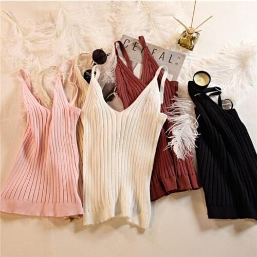 Womens Knit Cami Tops Solid Color V Neck Knitted Crop Tops Camisole Female Tops Black/White/Pink/Red/Apricot