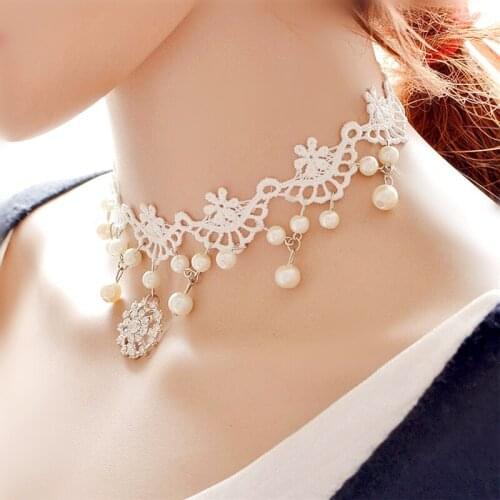 Gothic Korean Fashion Elegant Vintage Imitation Pearl Bride Short Flowers White Black Collar Lace Necklace Chocker
