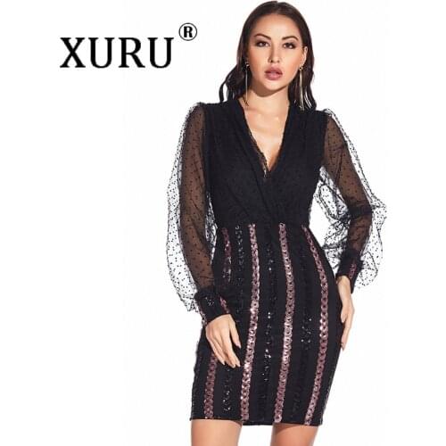 XURU European and American Sexy V-neck Sequin Dress Womens New Long-sleeved Embroidery Dress Club Party Nightclub Dress