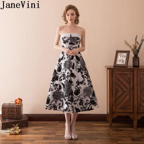 JaneVini Tea Length Black Mother Of Bride Wedding Party Dress Elegant Strapless Evening Formal Dinner Dresses for Ladies Lace Up