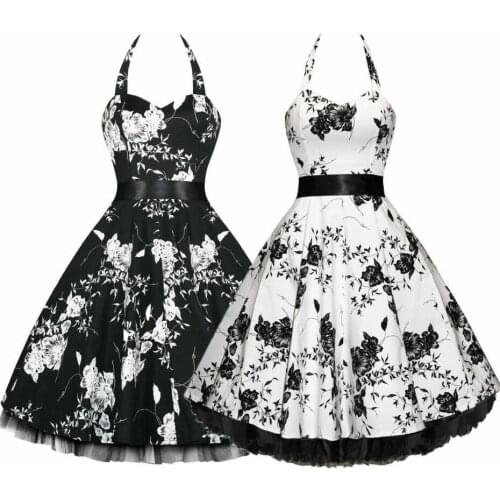 50s Lady Floral Print Full Circle Pinup Vintage Style Swing Rockabilly Dress black white women halter neck dress