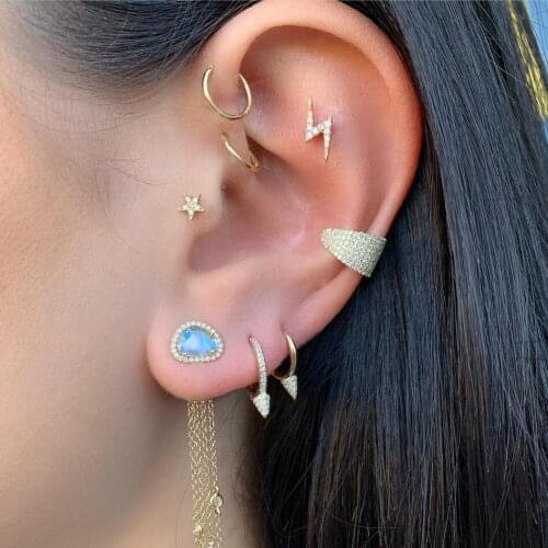 Gold filled minimal cute small multi piercing huggie hoop earring for women micro pave cz single spike dainty cz hoops jewelry