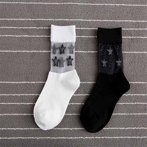 2020 New Women Socks Shiny Silver Stars Transparent Glass Socks Art Socks Women Ultrathin Transparent Crystal Lace Long Sock