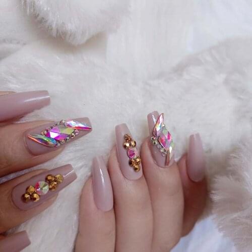 24pcs 2022 latest candy long ballet handmade crystal diamond fake nails Khaki