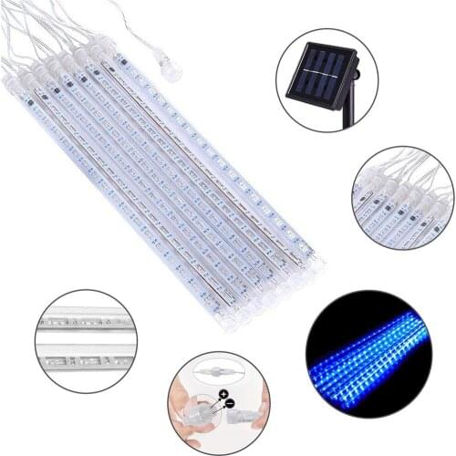 30CM 8 Tubes 144 LED Meteor Shower Rain Lights Solar Waterproof Icicle Snow Falling Raindrop Light for Garden Wedding Party Xmas