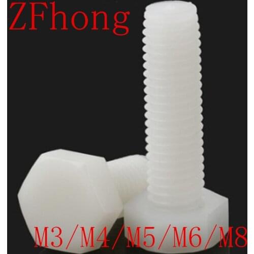 5-50pcs/lot DIN933 M3 M4 M5 M6 M8 white Nylon Hex screw Bolt hexagon head bolts