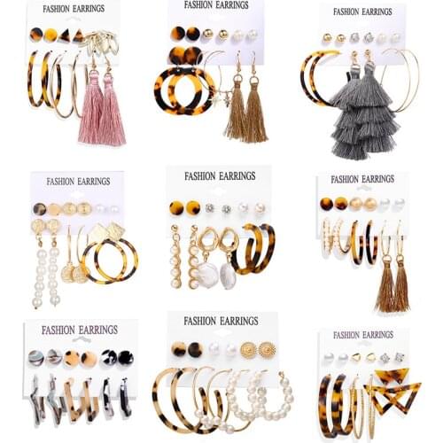 6 Pairs of Fashionable Pearl Hoop Earrings Set Womens Geometric Golden Metal Tassel Round Hoop Earrings 2021 Trend Jewelry Gift