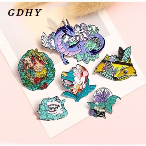 GDHY Charm Flower Animals Enamel Pin Shark Dragon Wolf Crow Fox Cartoon Plant colour Brooch Unique Fashion Badge Jewelry Gift