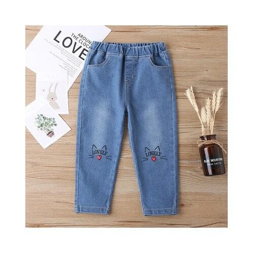 Childrens Denim Trousers 2021 Spring and Autumn Cute Printing Girls Jeans Korean Style Childrens and Girls Casual Denim Pants