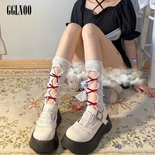 GGLNOO Harajuku Gothic Lolita Sweet Hollow Out Bow Lace Socks Women Girls Summer Thin Knee High Elastic Socks Black White