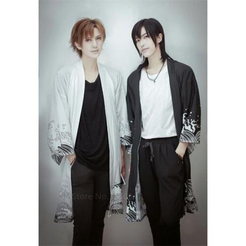 Black White Kimono Men Japanese Style Fashion Seawave Leisure Comfortable Clothing Anime Haori Yukata Streetwear Loose with Belt