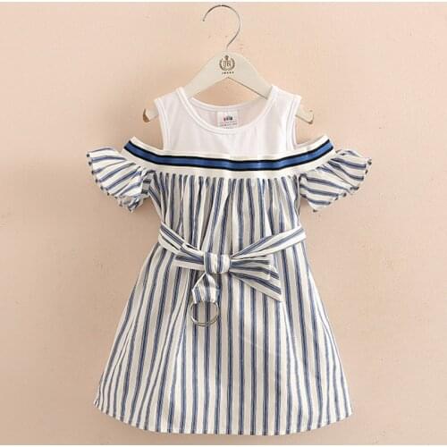 2021 Summer 4 6 7 8 9 10 11 12 Years Teenage Children Wrap Shoulder Blue Stripe For Little Kids Girls Strapless Dress With Belt