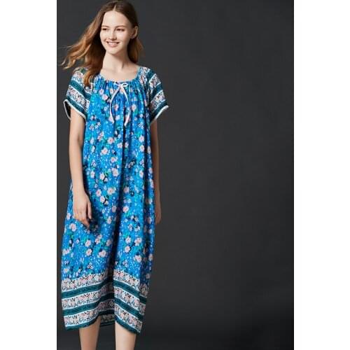 New Nightdress Women Viscose Short Sleeve Floral Nightgown Elastic Collar Long Dressing Gown Summer Sleepdress Casual Homewear
