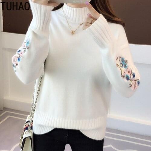 TUHAO autumn winter embroidered long-sleeved sweaters for girls loose shirt Print Turtleneck sweater knitted pullovers LZ22