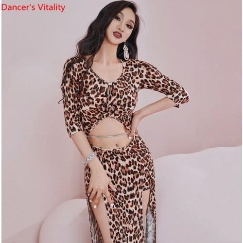 Belly Dance Dress Leopard Print V-Neck Long Skirt Practice Clothes Female Adult Oriental Dancewear Elegant Performance Clothing