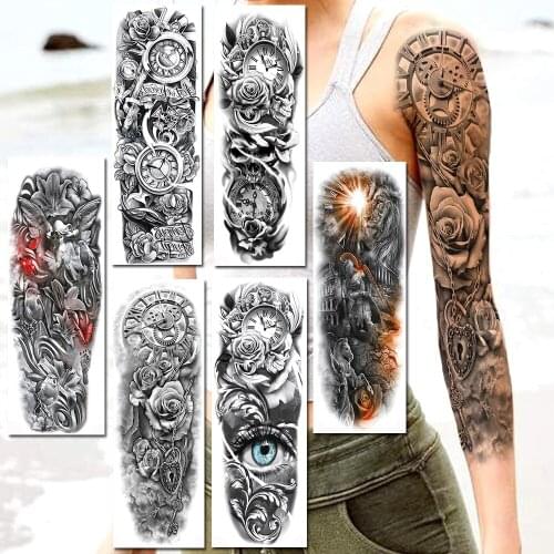 Realistic Waterproof Full Arm Temporary Tattoos Fake Clock Rose Evil Eys Rome Lion Knight Tatoos Sticker For Women Men Makeup