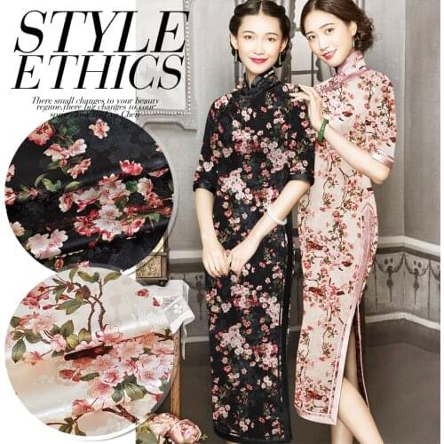 Silk Fabric 1 Meter Black/pink Flowers Printed Tissu Satin Stretch Dress Material Sewing Width 118cm