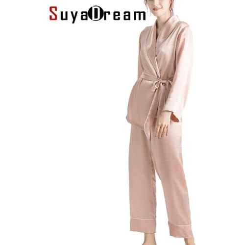 SuyaDream Women Silk Pajama Sets 100%REAL SILK SATIN Robes and Pants 2020 New Spring Sleepwear Pink