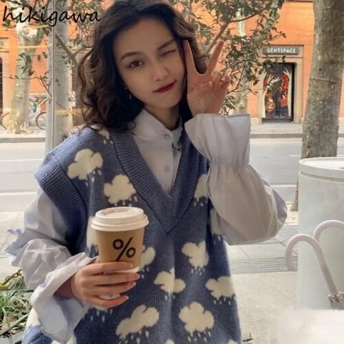 Hikigawa Sweater Vest Women Student Korean Harajuku Soft Casual Clouds Printed V Neck Pullover Tank Loose Sleeveless Knit Tops
