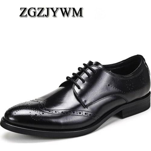ZGZJYWM New Mens Business Lace-Up Black/Brown/Red Pointed Toe Formal Carved Genuine Leather Wedding Oxfords Office Shoes