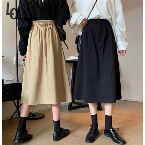 Luck A 2021 Spring Summer Women Black Elastic Waist A-line Cotton Skirts Safari Style Streetwear With Pockets Side Zipper