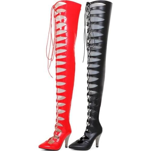 2021 Ladies Sexy Hollow Thigh Boots Fashion Cross Tied Zipper Super High Heel Boots Female Nightclub Pointed Toe Womens Shoes