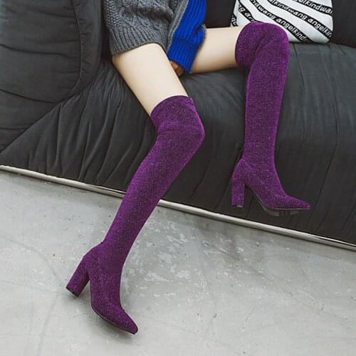 Plus Size 48 Women Over The Knee Sock Boots 8.5cm High Heels Long Winter Stretch Snow Boots Block Heels Lady Thigh Purple Shoes
