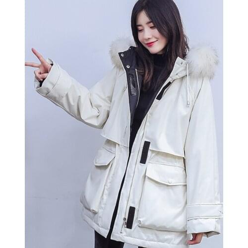 New Autumn Winter Women Fur Collar Cotton Coat Ladys Loose Big Pocket Medium Length Thick Parkas Female Warm Outerwear