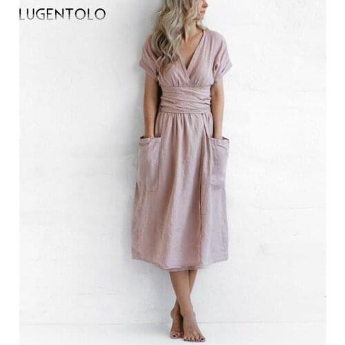 Women Summer Dress Short Sleeve V-neck Pocket Dressses Ladies Casual Solid Loose Linen Big Swing Long Dress