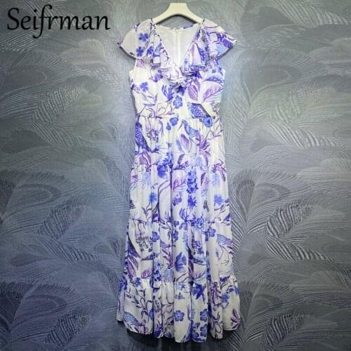 Seifrmann Summer Women Fashion Runway Holiday Maxi Dress Sexy V-Neck High Waist Ruffles Floral Print Ladies A-Line Dresses 2021