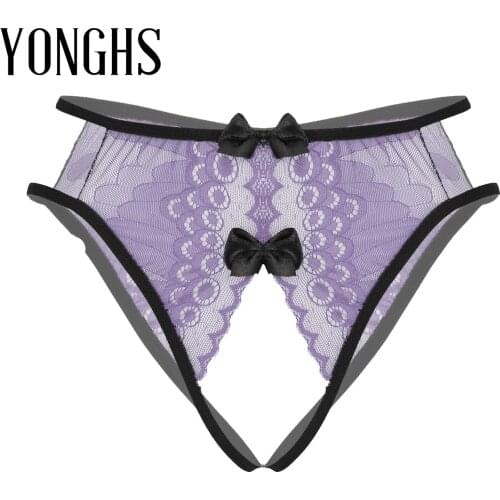 Womens Lingerie Open Butt Briefs Panties Floral Lace Crotchless Sissy Underwear Underpants with Bowknot Decor Thongs