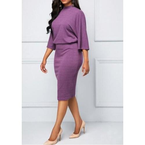 2021 Summer Women 3 Color Three Quarter Sleeve O Neck Solid Slim Knee Dress Casual Simple High Stretchy Bodycon Package Hip Maxi
