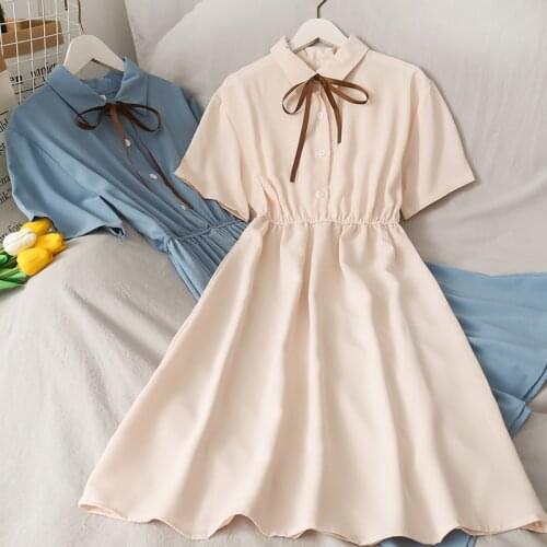 Dress Women Chiffon Bow Solid High Waist Turn-down Collar Preppy Style Kawaii Popular Temperament Girls Summer Holiday