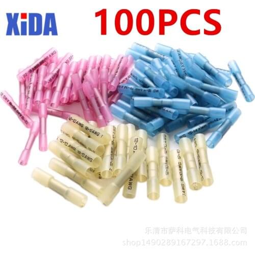 100PCS Mixed Heat Shrink Butt Electrical Crimp Terminals Wire Cable Connectors Tube Terminal Blue Red Yellow 10-22 AWG 0.5-6mm