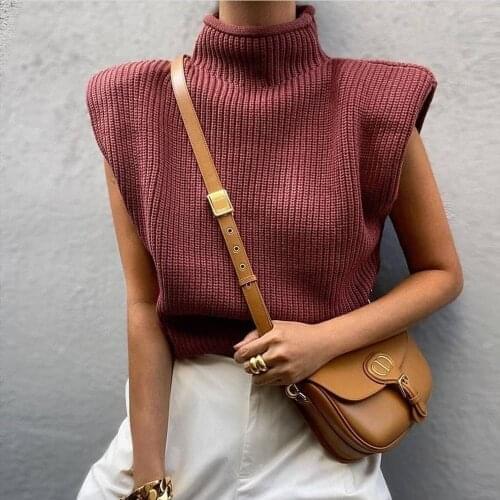 2020 Sleeveless Sweater Women Turtleneck Vest White Shoulder Pads Pullover Knitted Sweater Autumn Winter Casual Loose Jumpers