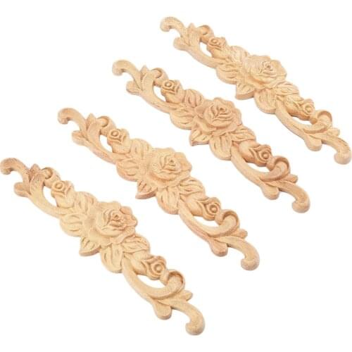 4pcs 20*5cm Rubber wood Carved Long Onlay Applique Unpainted Rose Flower Door Home Decor European Style
