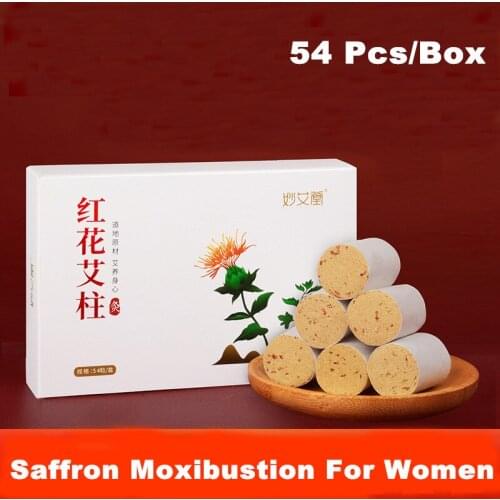 54Pcs/Box Saffron Moxa Sticks Chinese Heating Therapy Women Warm Palace Irregular Menstruation Moxibustion Acupuncture Points