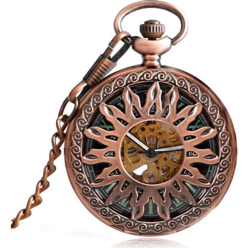 Steampunk Retro Rose Copper Automatic Mechanical Pocket Watch Self Winding Hollow Sun Flower Vintage Clock Men Women Chain Clock