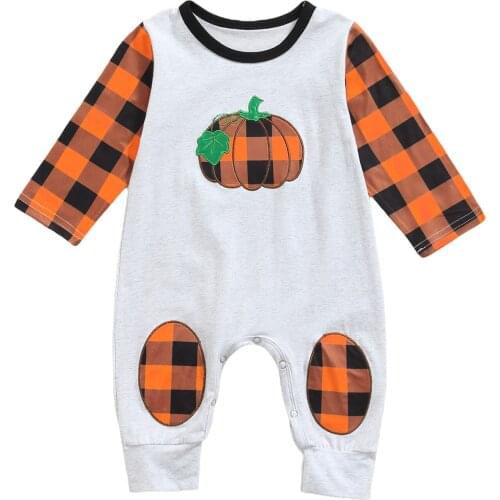 Newborn Baby Boys Clothes Toddler Boys Romper Halloween Pumpkin Print Plaid Long Sleeve Jumpsuit Spring Fall Cute Outfit Clothes