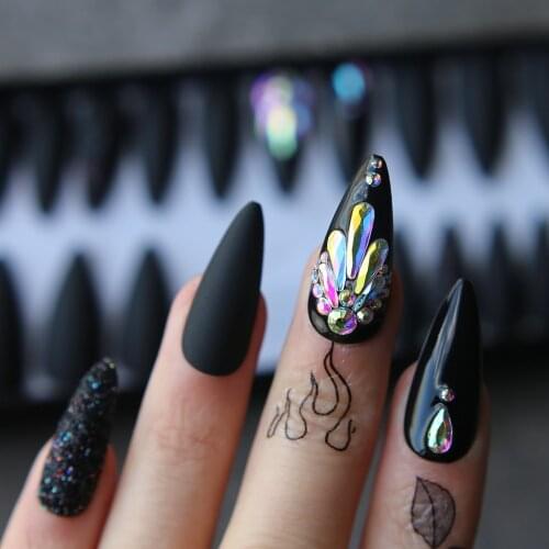 Long Stiletto Black Fake nails crystal false nails glitter full set custom Salon press on nails box 24pcs nails