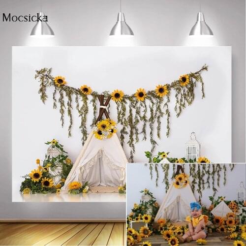 Sunflowers Newborn Bee Birthday Background Camping Tent Green Grass Spring Sweet Girl Portrait Backdrop Photography Photo Shoot