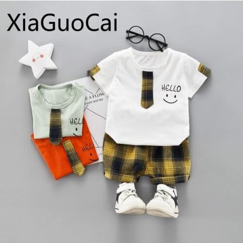 Hello Summer New Arriva Baby Children Sets Short Sleeve Solid Plaid Boys T-shirts and Shorts Two Pieces of Clothes Sets