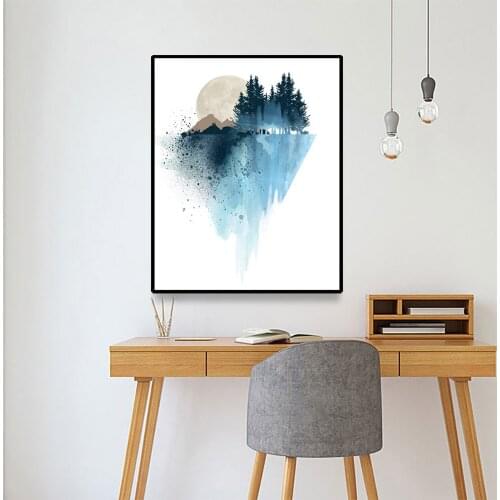 Canvas Oil Painting Nordic style Floating mountain forest moon Wall Art Decor Picture Modern Home Decoration For Living Room