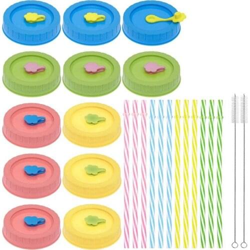 Mason Jar Lid With Straw Hole,Plastic Straw,Silicone Ring,Cleaning Brush,Lid,Perfect For Drinking And Food Storage 26Pcs