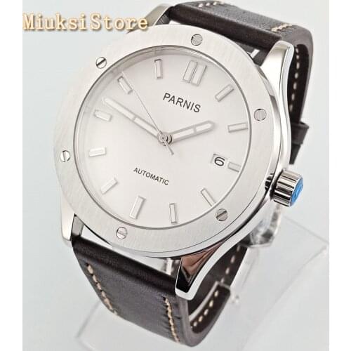 PARNIS 43mm silver case sapphire glass white dial date luminous leather strap NH35A movement automatic mens top luxury watch