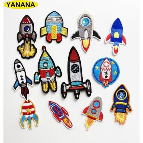 Rocket Space ship Embroidered Patches for Clothing DIY Stripes Applique Clothes Stickers Iron on Clothing
